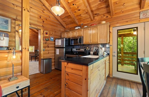 Rogers Cabin | Cute, Cozy Log Cabin, Private setting, Decorated in red & black Rooster theme.