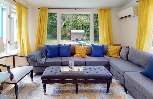 Bath House | Updated, dog-friendly home with two living areas, firepit, washer/dryer, & patio