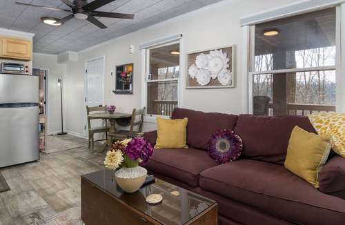 Montreat Apartment | Zen Hideaway | Covered Deck, Winter View, 6 min. to Lake Susan!